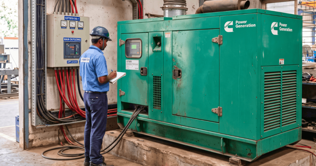 Cummins C275D5I 250 kVA generator being inspected by a technician