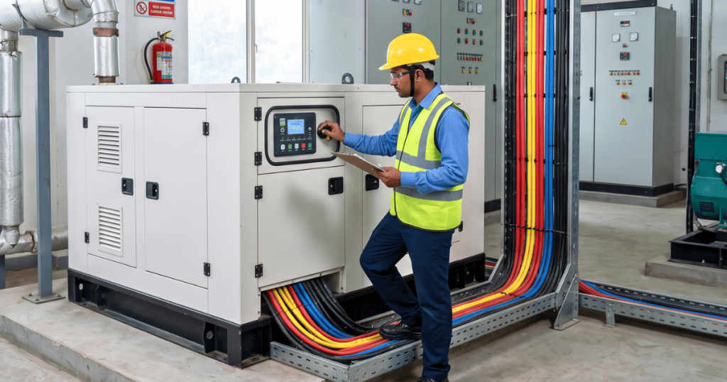 Diesel generator being inspected by an engineer in an industrial facility