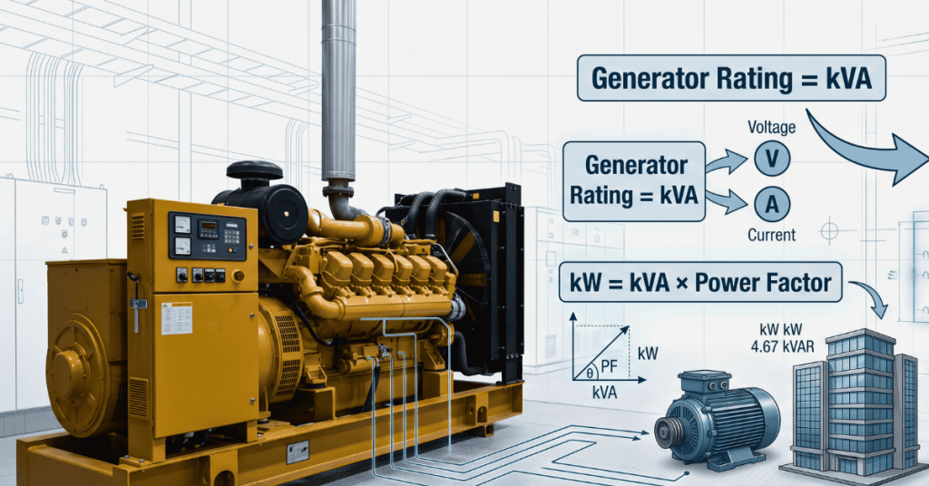 Diagram explaining why diesel generator rating in kVA instead of kW using power factor, voltage, current and electrical load illustration