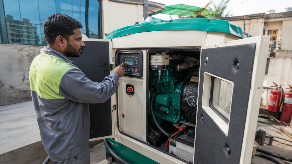 Technician inspecting a 5 KVA Kirloskar diesel generator