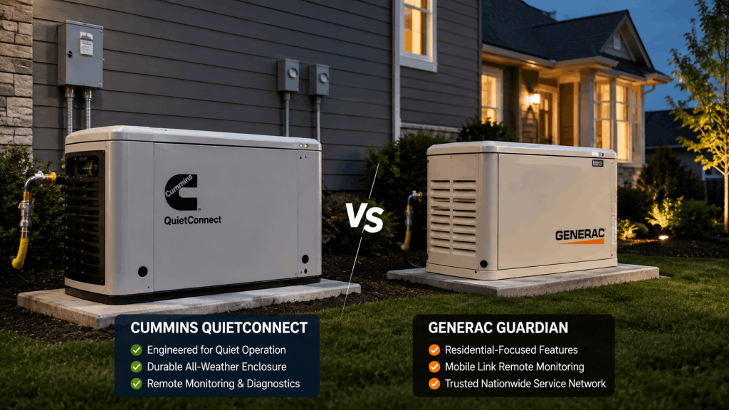 Cummins QuietConnect vs Generac Guardian standby generator comparison