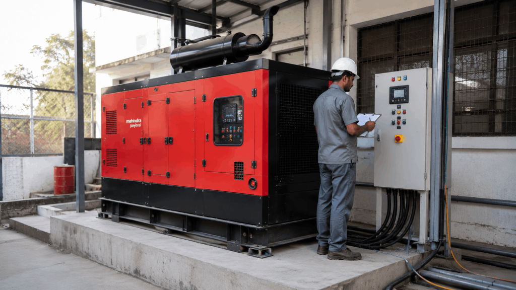 Technician inspecting Mahindra Powerol diesel generator and control panel